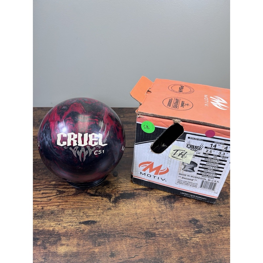 Motiv Cruel 14lb Bowling Ball USA Made Drilled Black Red Pearl C51 With Box